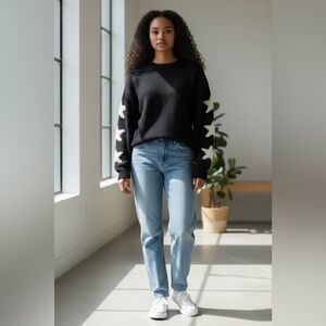 LAJU Black and White Crew Neck Sweater with Star Sleeve Details size L